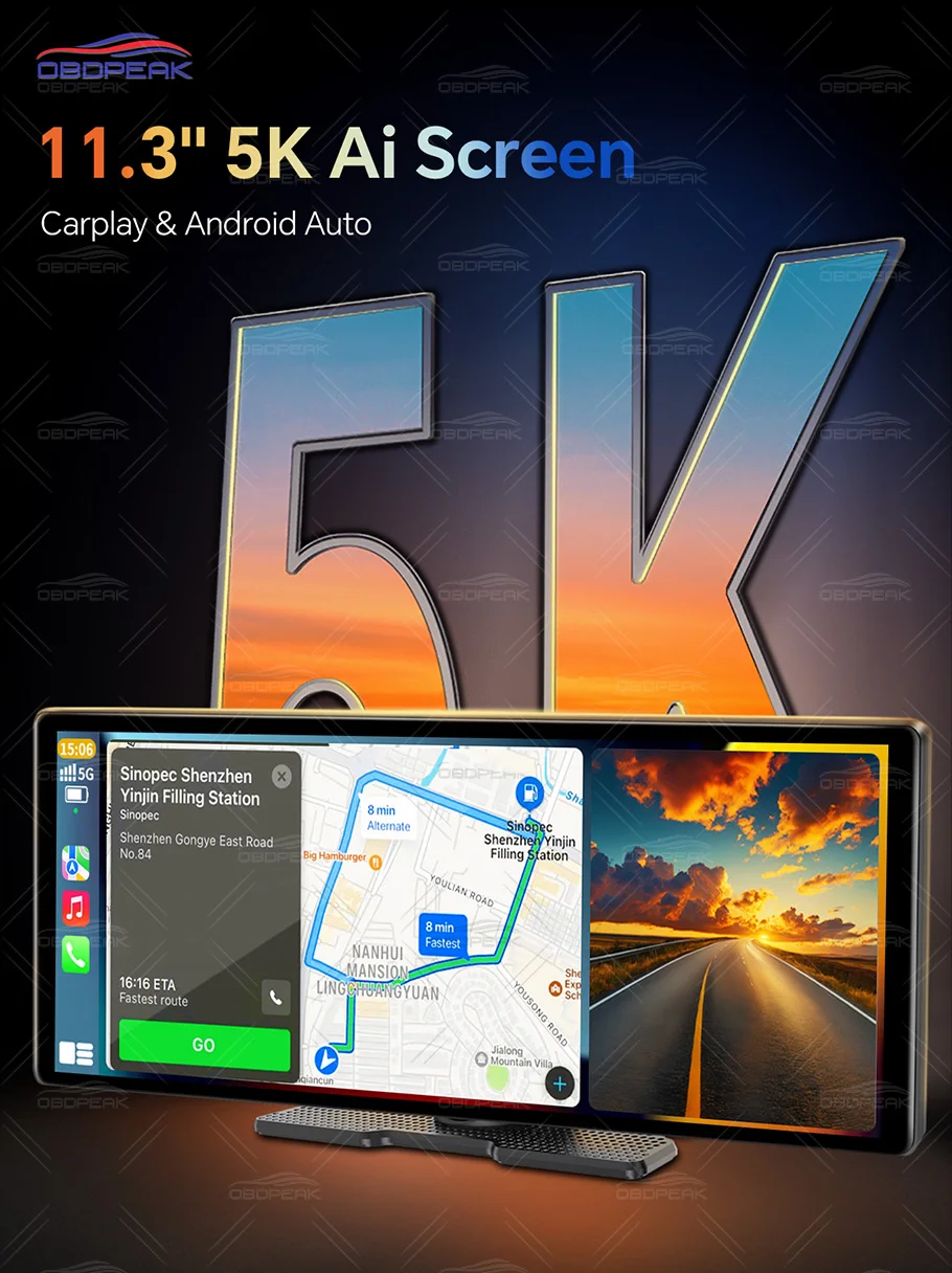 11.3" Touch Screen 5K UHD Dash Cam T8 Pro Wireless CarPlay Android Auto Airplay