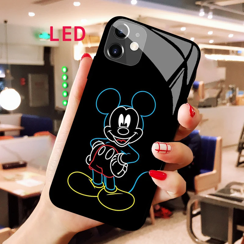 Mickey Minnie Luminous Tempered Glass tpu phone case For Apple iphone 13 14 Pro Max Puls mini Fashion LED Backlight cool cover for xiaomi redmi note 11 4g qualcomm redmi note 11s 4g cell phone case anti scratch hard tempered glass pc back soft tpu starry sky pattern design cover dream starry sky