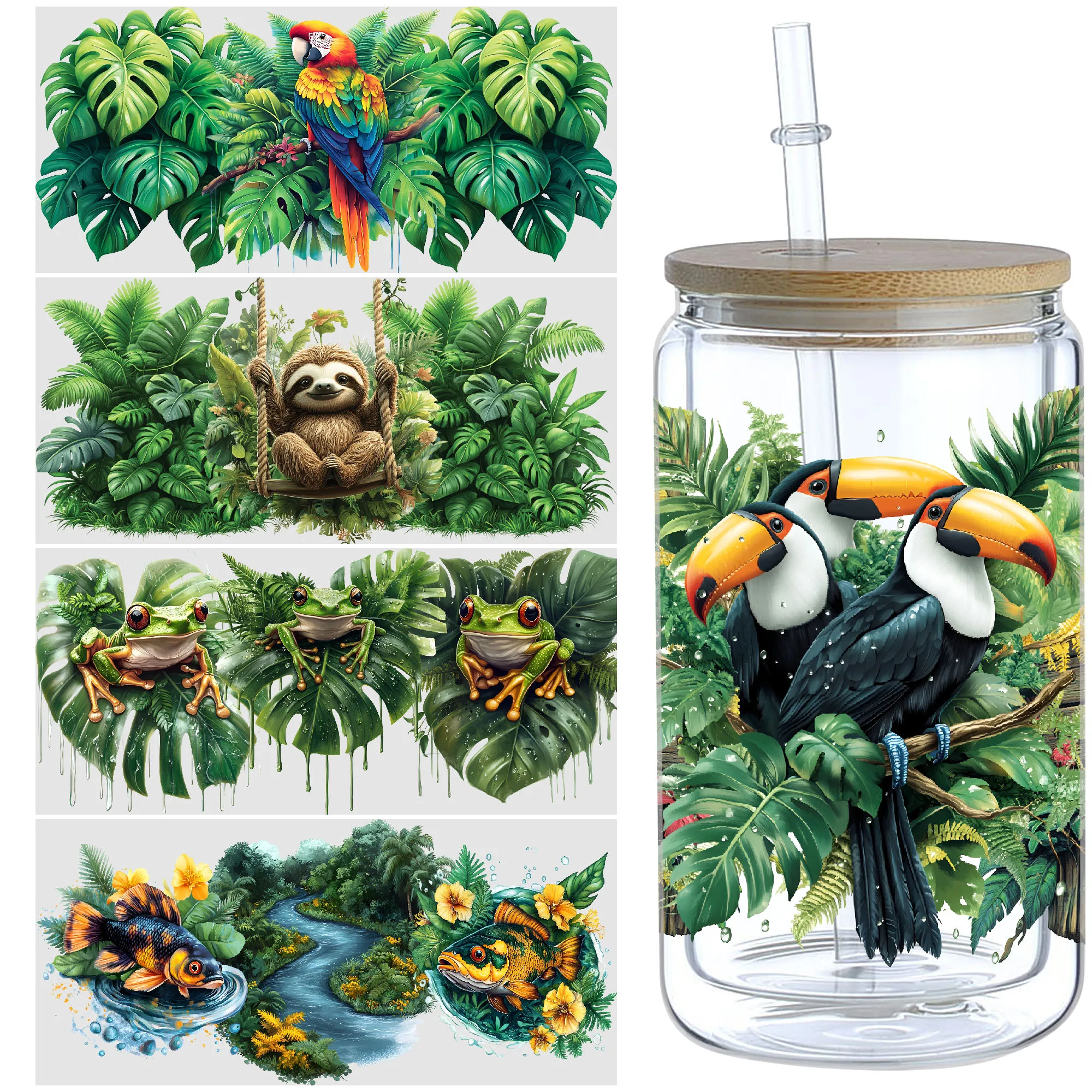 5 Sheets Forest UV DTF Cup Stickers, Glass Cup DTF Transfer Stickers, Waterproof Funny Forest Wipeable Transfer Paper for