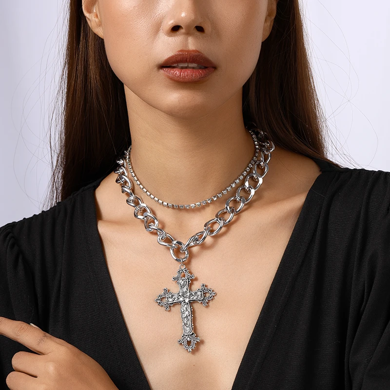 2 Teile/satz Mode Doppel Schichten Halskette für Frauen Gothic Kreuz Anhänger Halskette Mädchen Party Festival Schmuck Geschenke