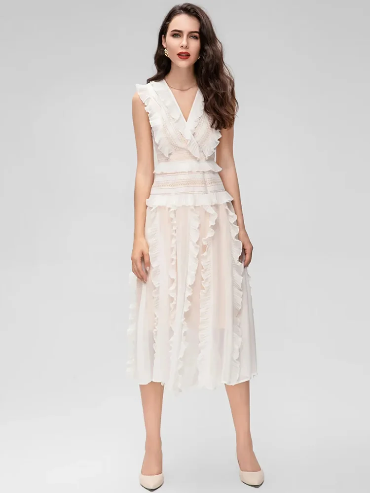 

MoaaYina Fashion Designer dress Summer Women Dress V-Neck Sleeveless Lace Ruffled Vintage Party Midi Dresses