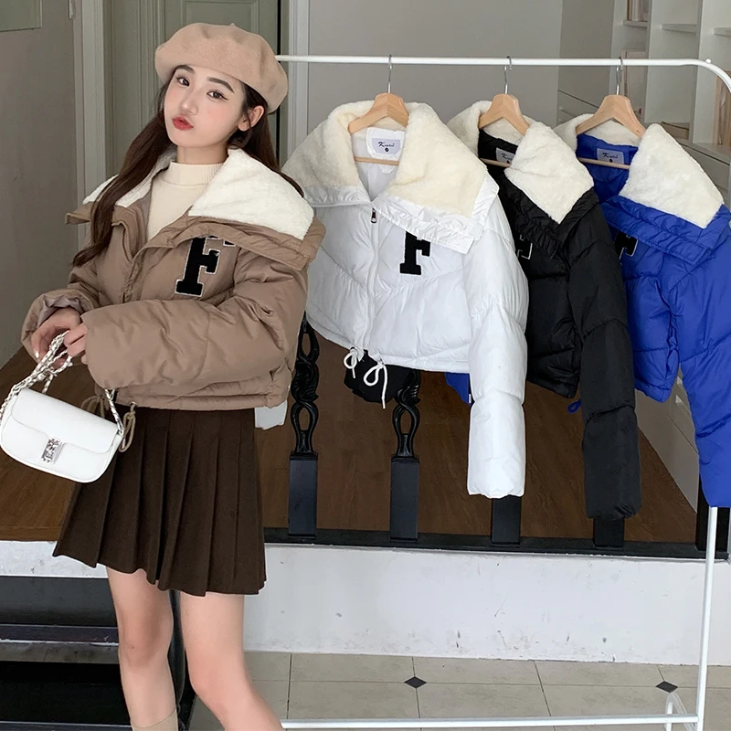 

New Winter White Turn-Down Collar Jacket Women Letter Embroidery Flare Long Sleeve Short Down Coat Drawstring Leisure Overcoat