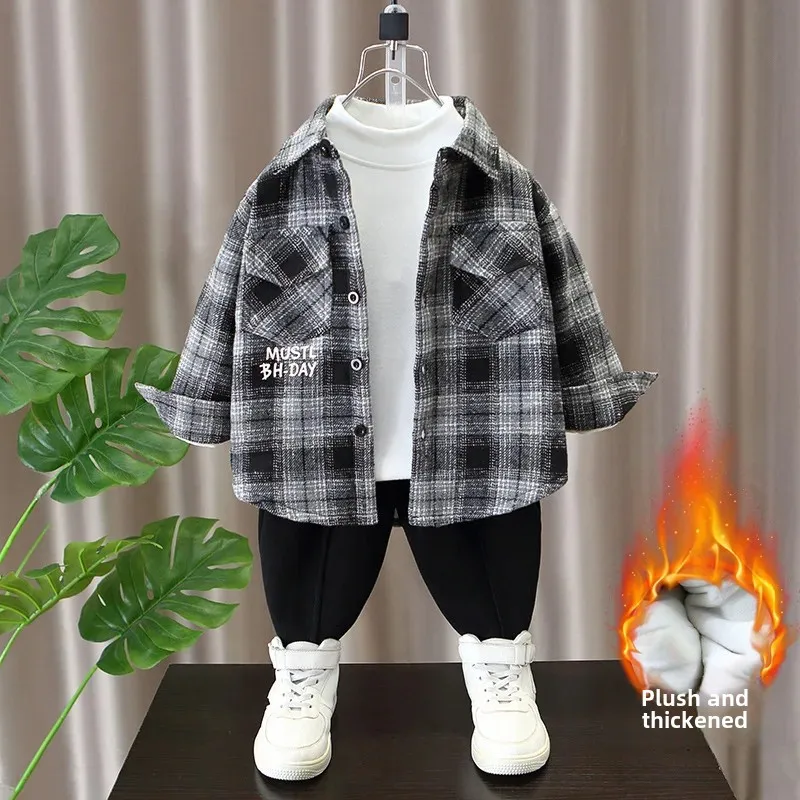Thickened Flannel Children's Shirt Winter Plaid Patterned Casual Inner Wear for Boys Warm Outerwear Versatile Casual Top