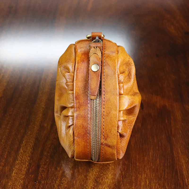 Cow Leather Mini Vintage Purse Coin Purse Card Bag Key Bag Zipper Change Purse Personality Wrinkled Coin Purse for Men and Women