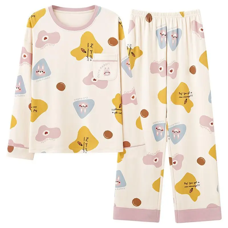 2024Ladies Spring Autumn Pajamas Pure Cotton Pyjamas Long Sleeve Pants Sleepwear Set Cute Crew-neck Nightdress Couple Loungewear