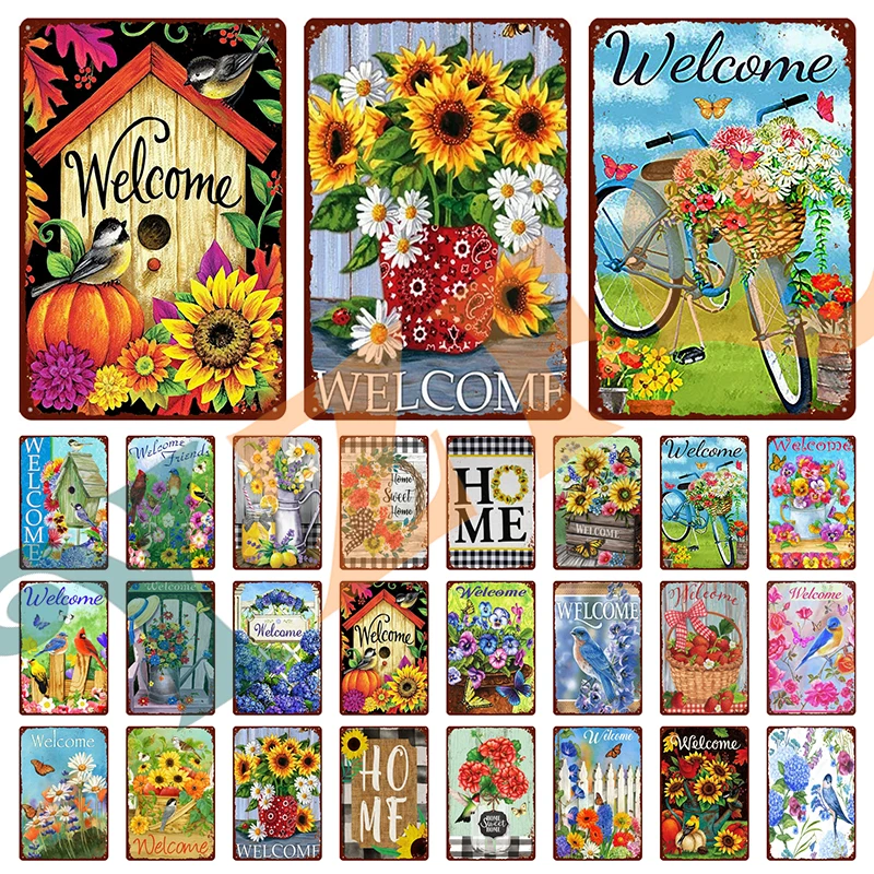 

【YZFQ】Welcome Decorative Signs Flower Bird Metal Painting Garden Front Door Yard Porch Vintage Home Decoration 8"x12" KJ-0098A