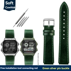 Casio Retro Leather Watch Strap for Men - Small Square, 18mm (Green silver)