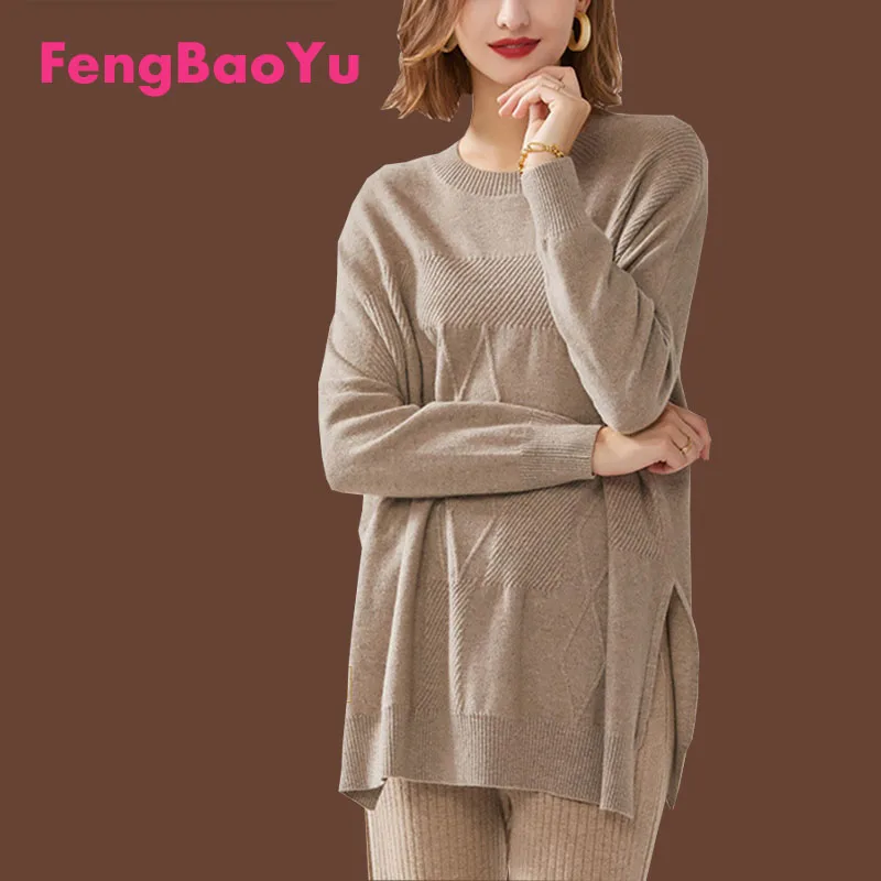 

Fengbaoyu Autumn Winter Ladies Cashmere Sweater Crewneck Mid-length Pullover Top Loose Light Delicate Sweater Women's Clothing