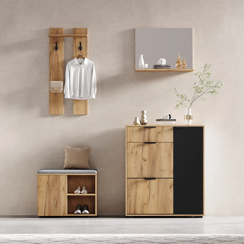Multifunktionales Flur-Garderobenset Wandmontierter Eingangsbereich-Schrank mit Schuhbank Schuhschrank 1 Spiegel 1 Schublade 2 Haken – Detail 8