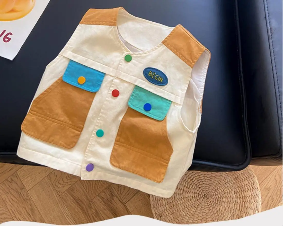 Spring Autumn Children Patchwork Vest 1-8Y Boys Cotton Pockets Casual Waistcoats Kids Girls Tank Tops Korean Toddler Outerwear