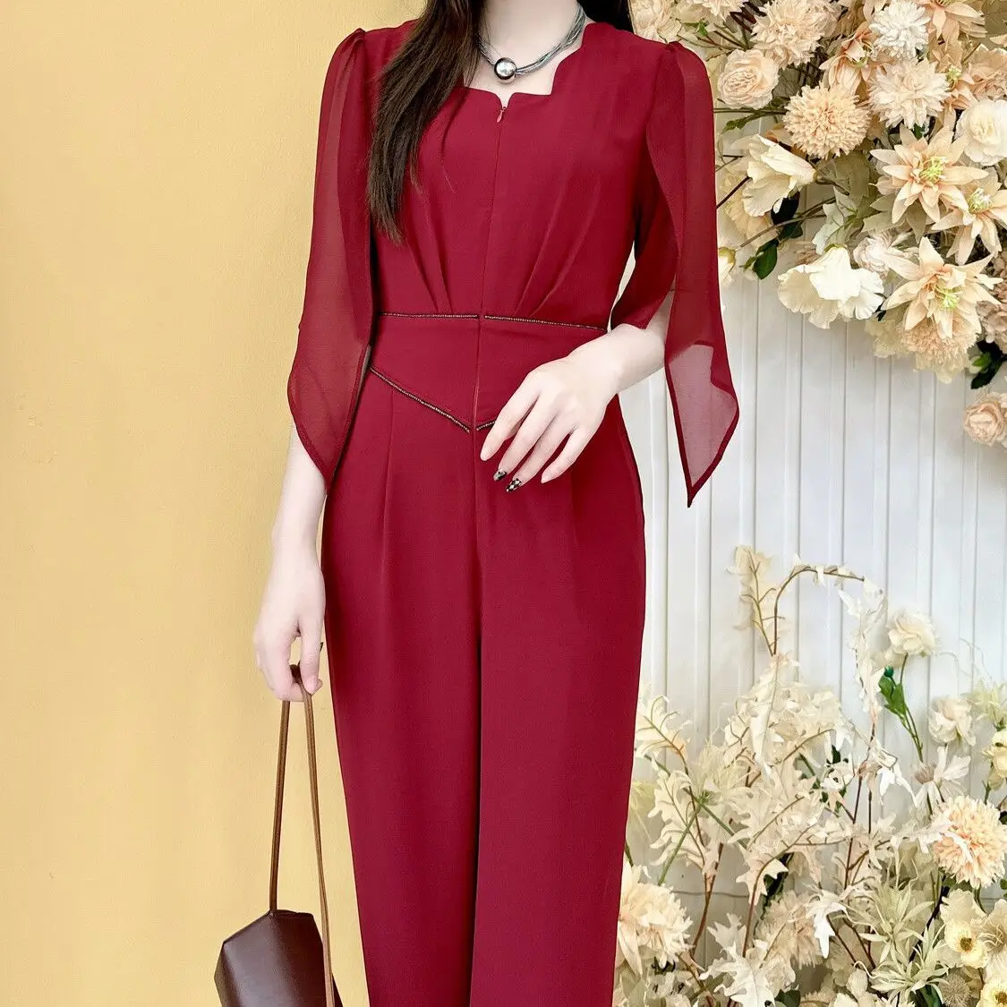 

2024 Summer Women New Black Red Jumpsuit Short Sleeve Cape Style Overalls Wide Leg Rompers Female OL Work Wear Trousers