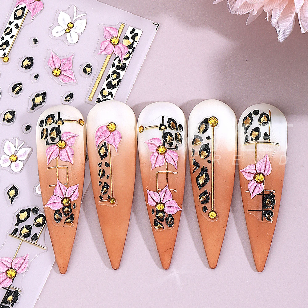 5D Leopard Print Flower Nail Art Stickers Self-Adhesive Butterfly Geometry Floral Nail Decals Manicure Decorations Nail Supplies