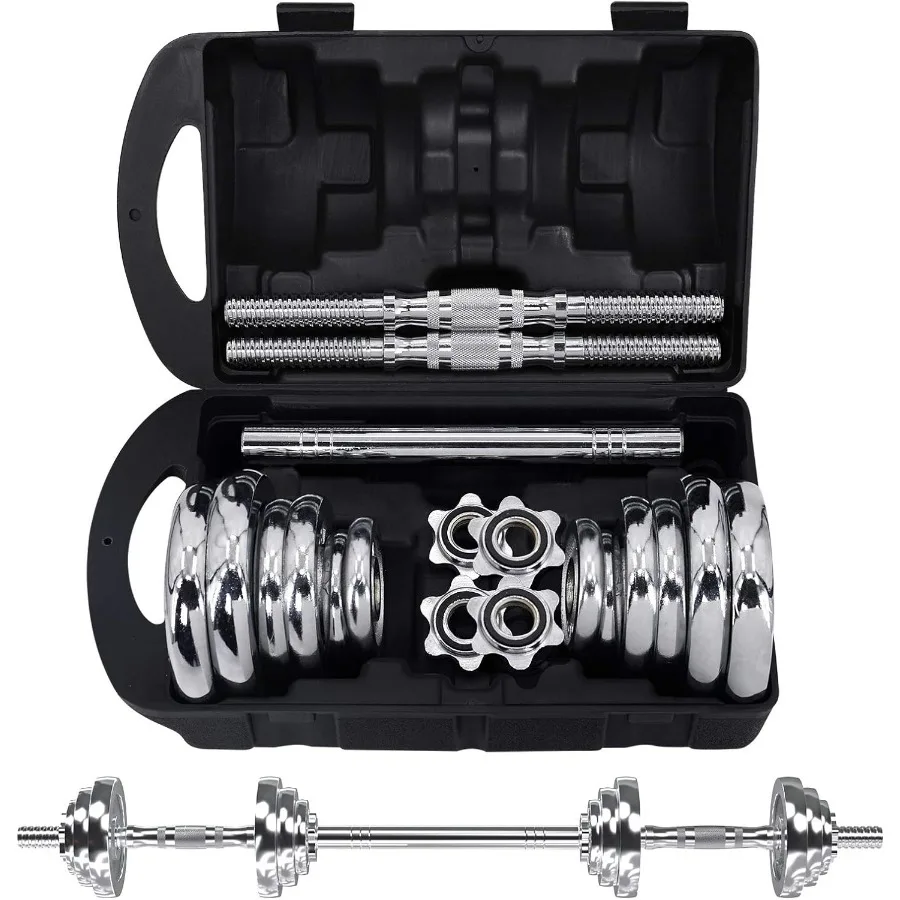 Fitness Dumbbells Set, Adjustable Weight Sets up to 44 lbs, with Metal Connecting Rod Used As Barbell, Chromed Weights, Hardcove