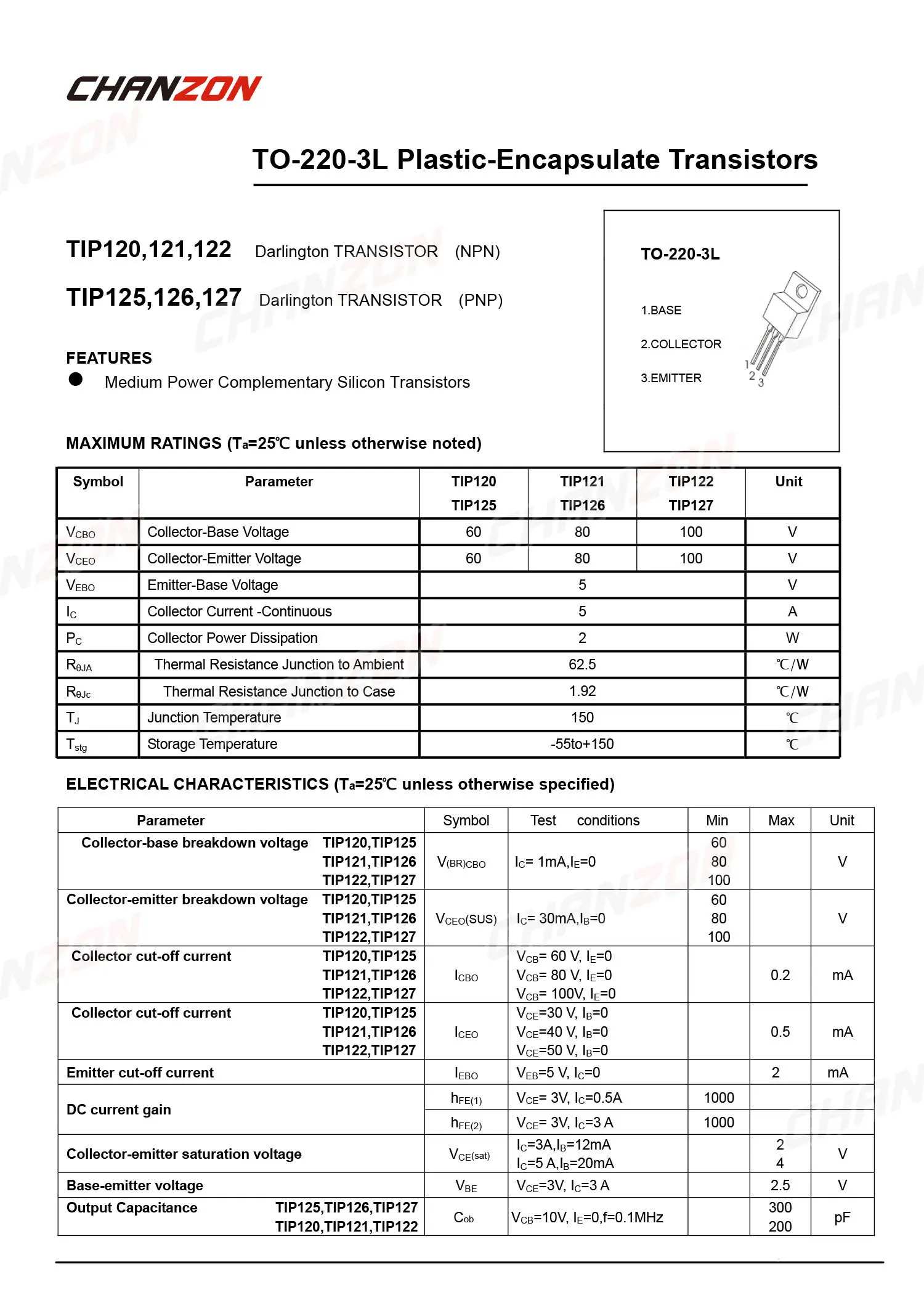 TIP122 TO-220 NPN Darlington Power Transistor Bipolar Junction BJT Powerful Triode Tube Fets 5A 100V Integrated Circuits 10pcs