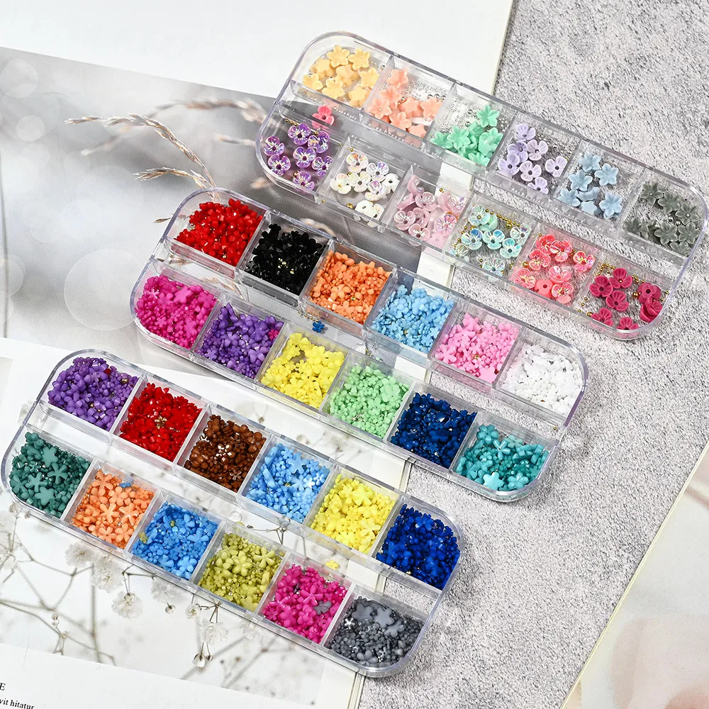 

12 Colors 3D Resin Acrylic Flower Set With Mixed Steel Beads Mixed-Size Five Petals Flowers DIY Kawaii Colorful Blossom Flowers=
