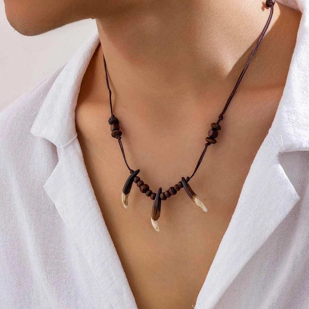 Domineering Personality Wolf Tooth Wooden Beads Hip-hop Men's Jewelry Necklace