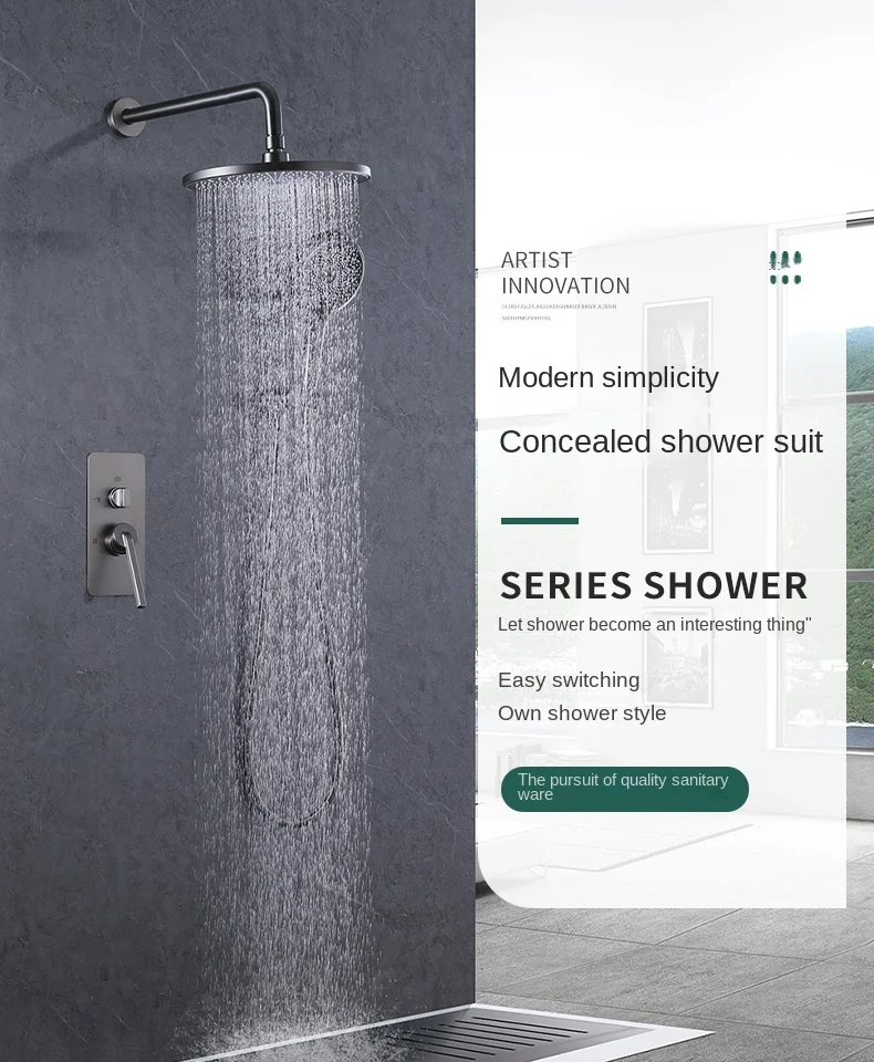 Description Picture 4 of itemLuxury Wall Mounted Copper Shower System with Concealed Faucet and Rainfall Showerhead Brushed Gold/Gun Gray/Chrome/Matte Black