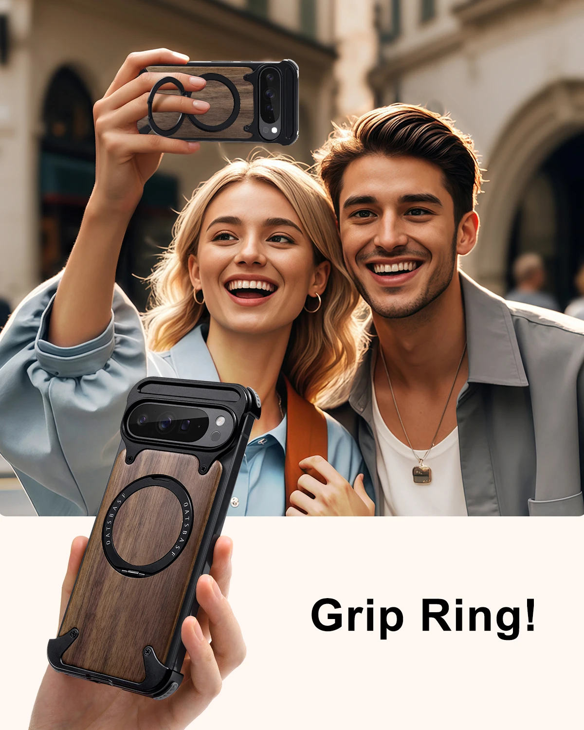 Oatsbasf Solid Wooden Phone Case with 360° Rotatable Stand and Magsafe, Frameless Shockproof Design