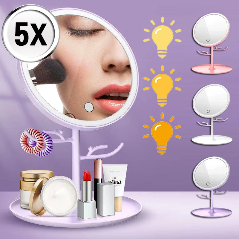 Smart 5X Magnifying Makeup Mirror With Led Light Travel Portable Table Round Vanity Mirrors With Stand Cosmetics Rangement Tools