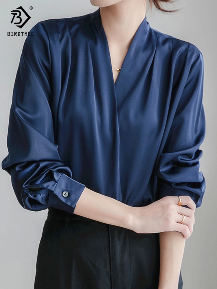 2022 Spring New Arrival Women Elegant Satin Blouse Lantern Sleeve V-Neck Office Navy Shirt Vintage Autumn Casual Tops T24401X