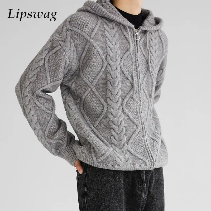 

Knitted Hoodie Mens Jackets Zip-up Long Sleeve Hooded Sweatercoat Autumn Winter Warm Knit Outerwear Men Clothing Fashion Sweater