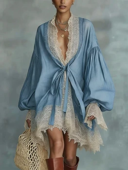 Elegante Mini Abito Blu con Pizzo, Scollo a V, Vita con Lacci, Maniche a Lanterna, Oversize, Stile Boho, Vintage, Casual, per Vacanze