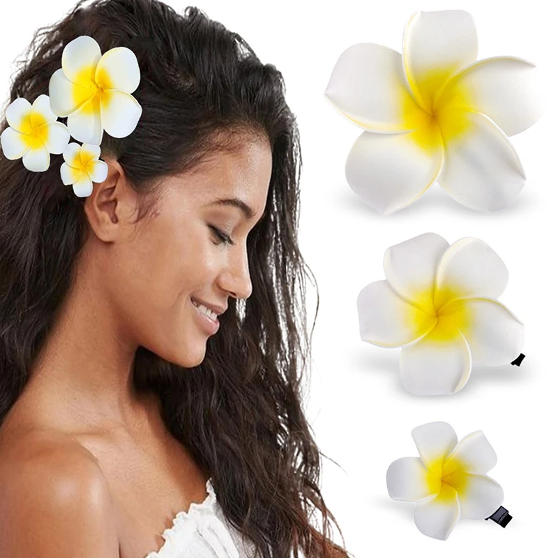 Lot de 3 pinces à cheveux en forme de fleur de frangipanier pour femmes et filles, idéales pour les franges latérales, les fêtes hawaïennes et les chapeaux. Accessoires parfaits pour les sacs et chapeaux._voghion.com