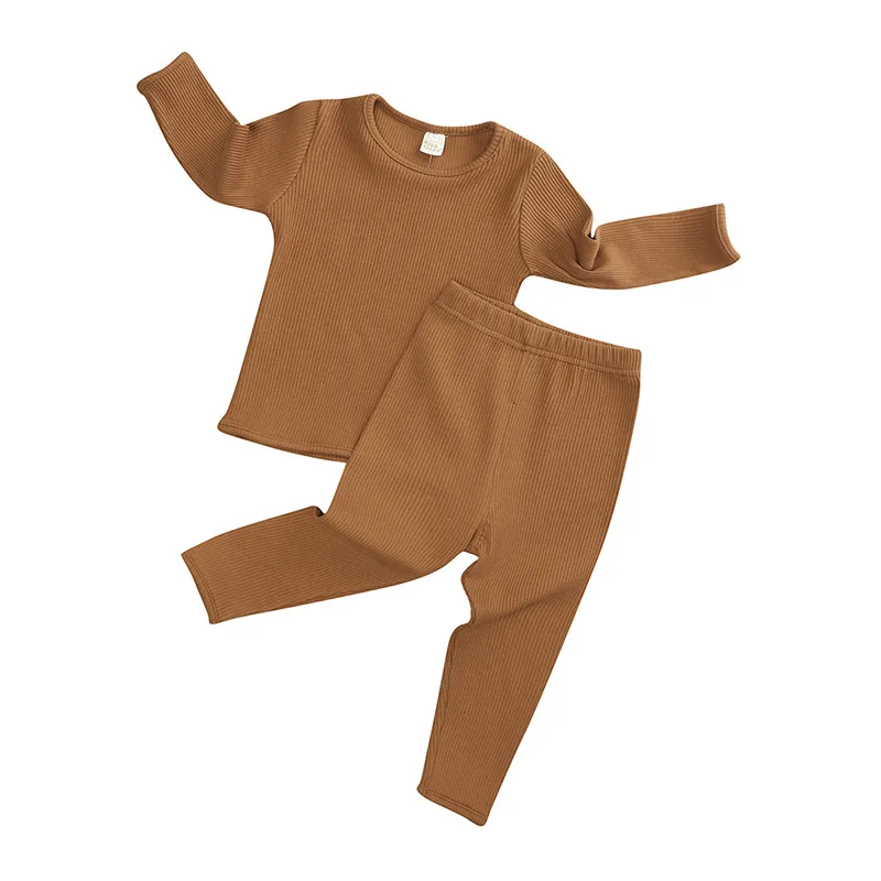 2Pcs Solid Children Pajamas Sets Ribbed Knitting Boys Girls Pyjamas Pullover+Pants Cotton Clothes Korean Kis Sleepwear Tracksuit