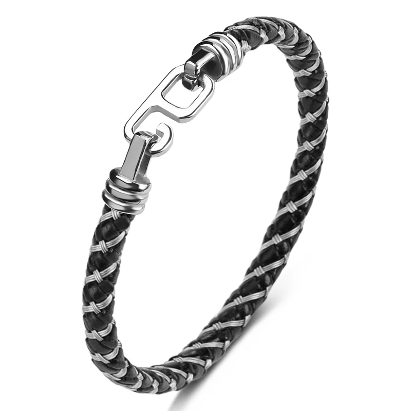 

Simple Stainless Steel G Buckle Braided Leather Men Bracelets Bangles Fashion Handmade Jewelry Woven Wristbands Male Gift P628