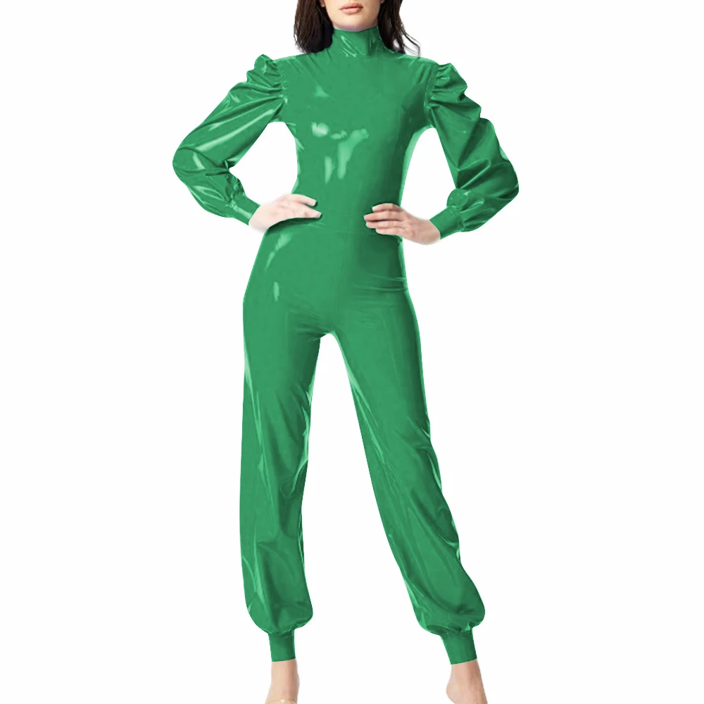 Plus Size PVC Hight Street Romper Fashion High Neck Back Zipper Long Jumpsuit Women Puff Long Sleeve Solid Color Party Playsuit