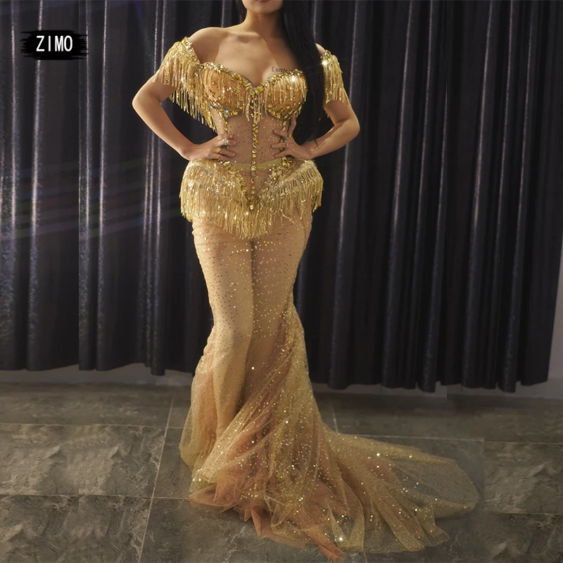 

Роскошное длинное платье-Русалка с золотой кисточкой и блестками, женское блестящее Прозрачное платье со стразами, костюм для дня рождения и свадьбы