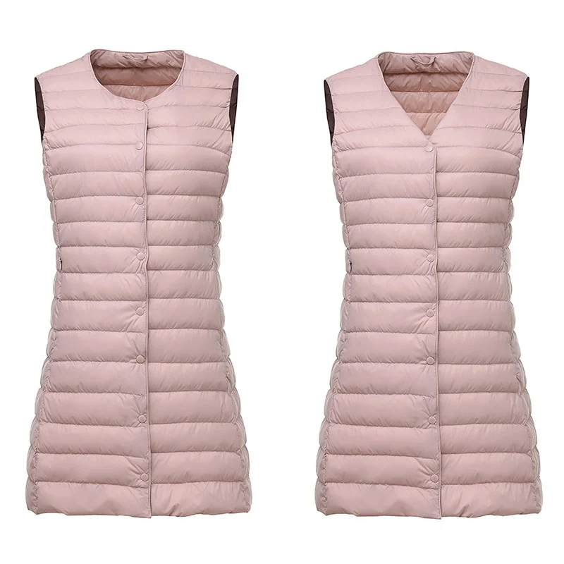 Ultralight Portable Puffer Vest Women Long Collarless 2023 New Autumn Winter Duck Down Waistcoat Sleeveless Button Feather Liner - 2