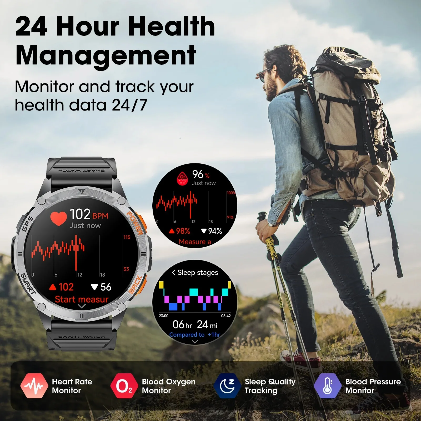Hiking Altimeter Smartwatch Compass Hiking Smart Watch NEW GPS