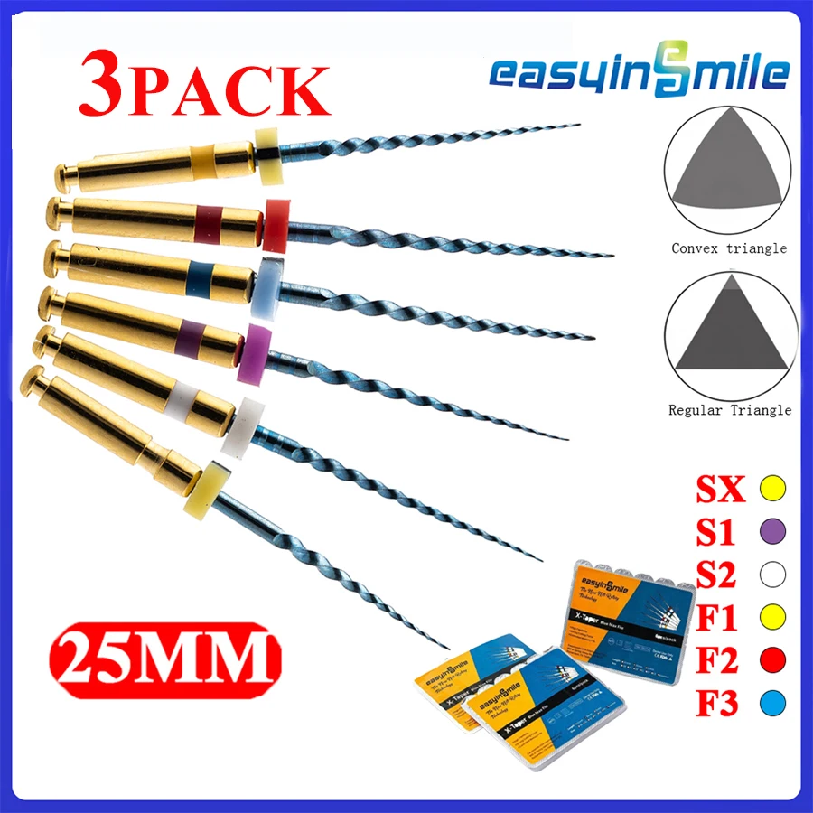 18 Pz (3Pack)Easyinsmile Endodontic Dental Endo Files Blue Pro X-Taper Files Niti Root Canal File Rotanti 25Mm Sx-F3