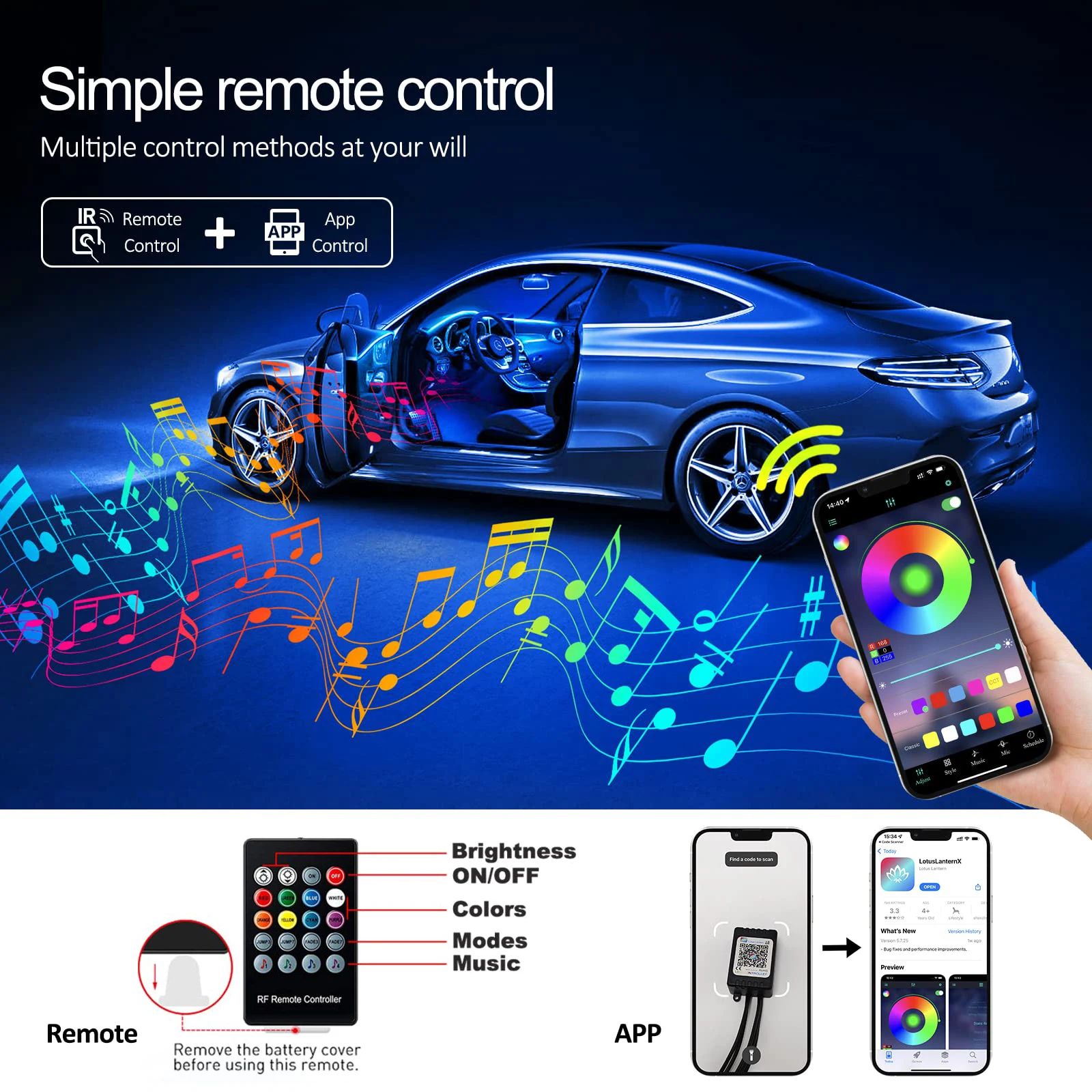 Tira de luces LED para interiores de automóvil con aplicación inalámbrica y  control remoto, kits de iluminación ambiental RGB 5 en 1 con fibra óptica