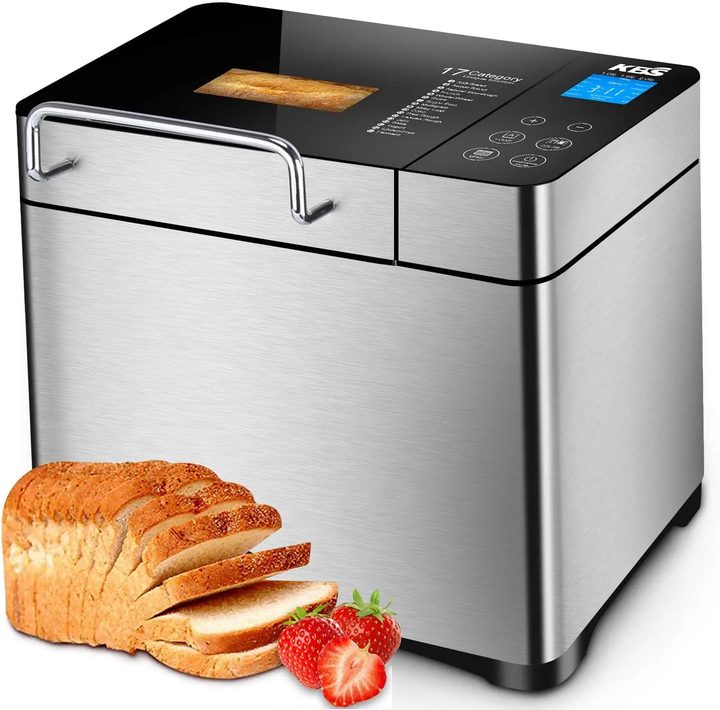 Stainless Steel Bread Machine, 2LB 17-in-1 Programmable XL Bread Maker with Fruit Nut Dispenser, Nonstick Ceramic Pan& D