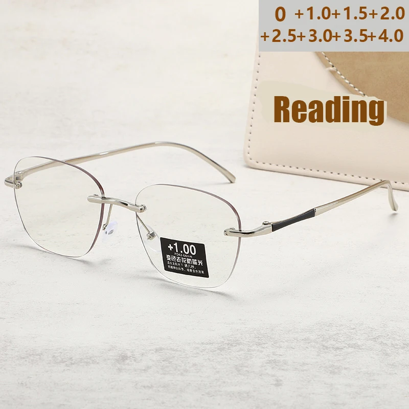 Photochromic Fashion Reading Glasses with Beveled Edging and Rimless Design
