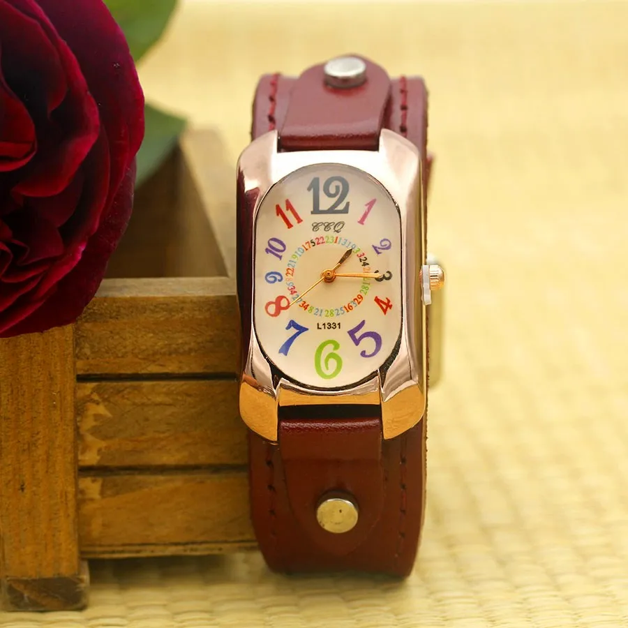 

Shsby Cow Leather Strap Color Digital Rectangle Watch Women Bracelet Watches Female Bronze Quartz Watch Student Leisure Watch