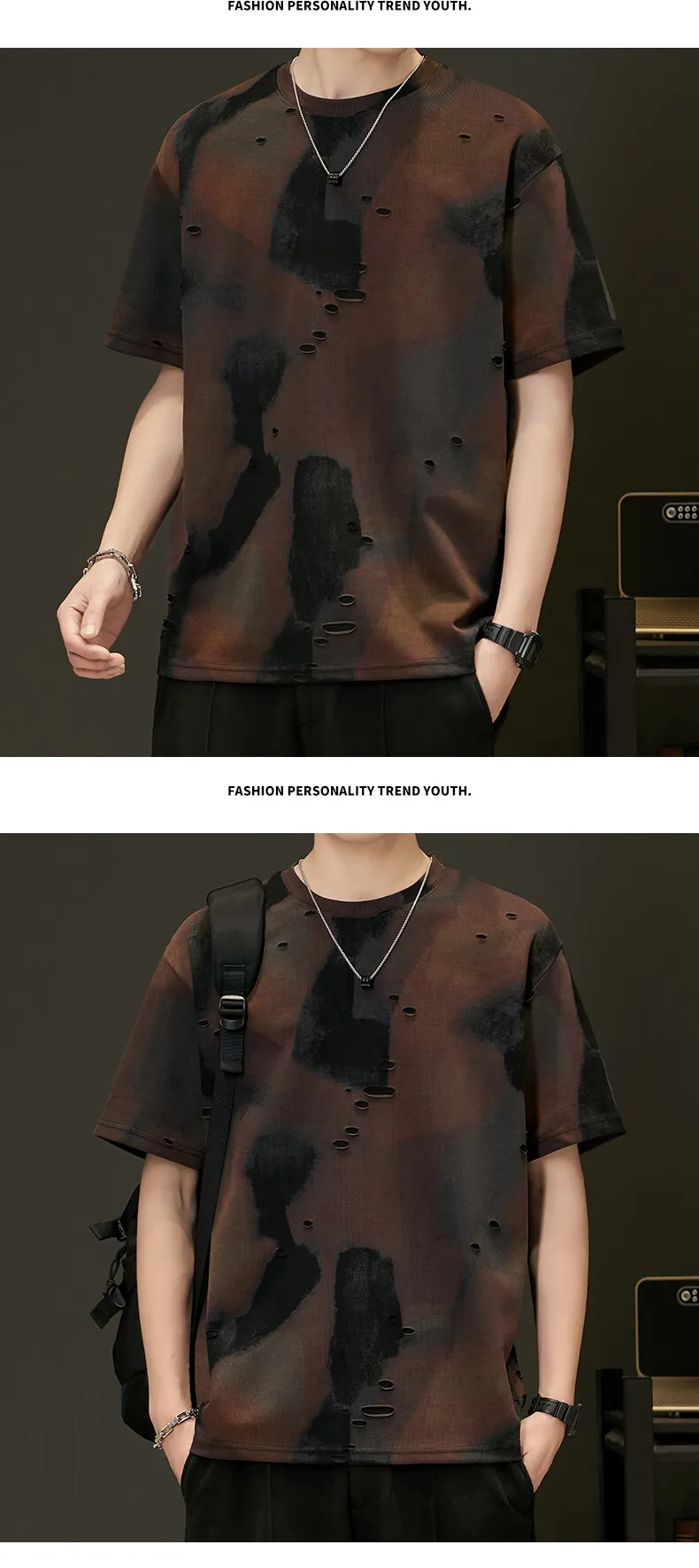 Tie-Dye Distressed Kurzarm-Baumwoll-T-Shirts für Herren – Sommer 2026 Trendige Jugend-Ripped-Hole-Tees – High-Street-Wear Oberteile Kleidung – Detail 9