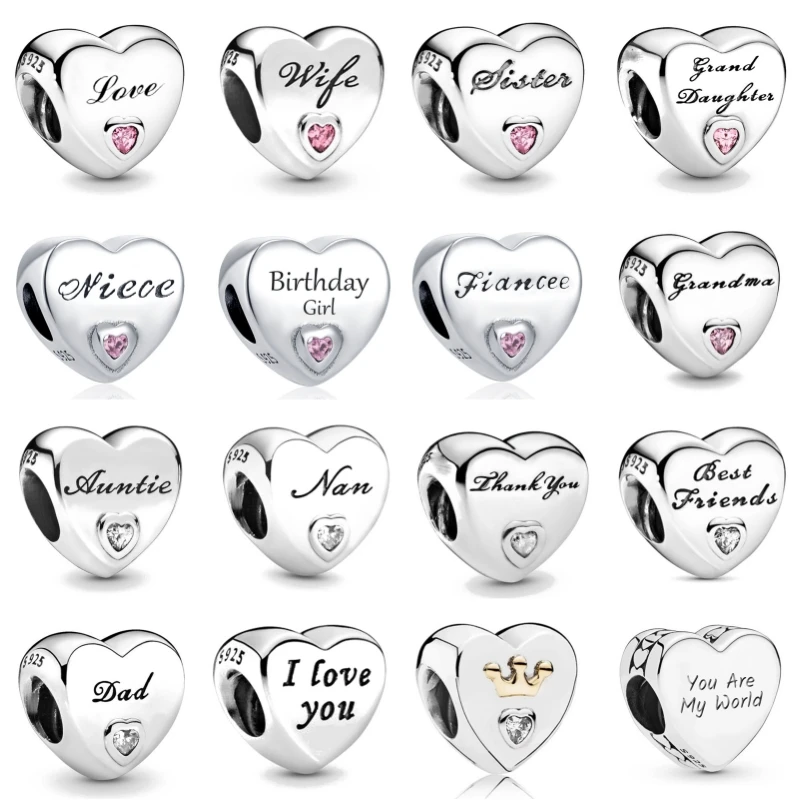 925 Sterling Silver All Heart Series Sister Daughter Charms Fit Original DIY Bracelet Necklace Women Jewelry Gift Making