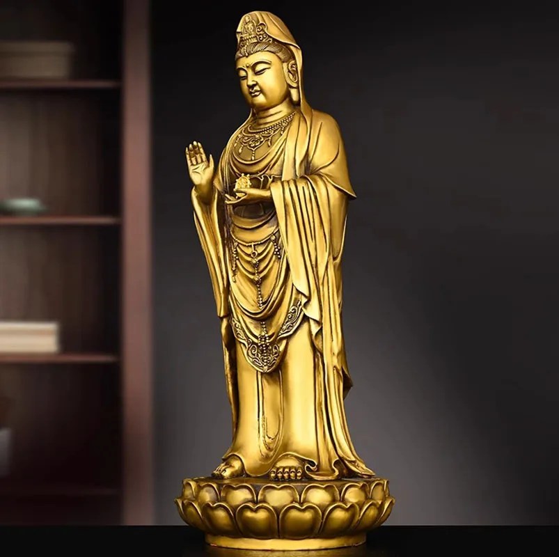 Buddhist Statue Brass Guanyin South Sea Goddess of Mercy Copper Sculpture, Lotus Base Meditation Figure for Prayer Room Decor