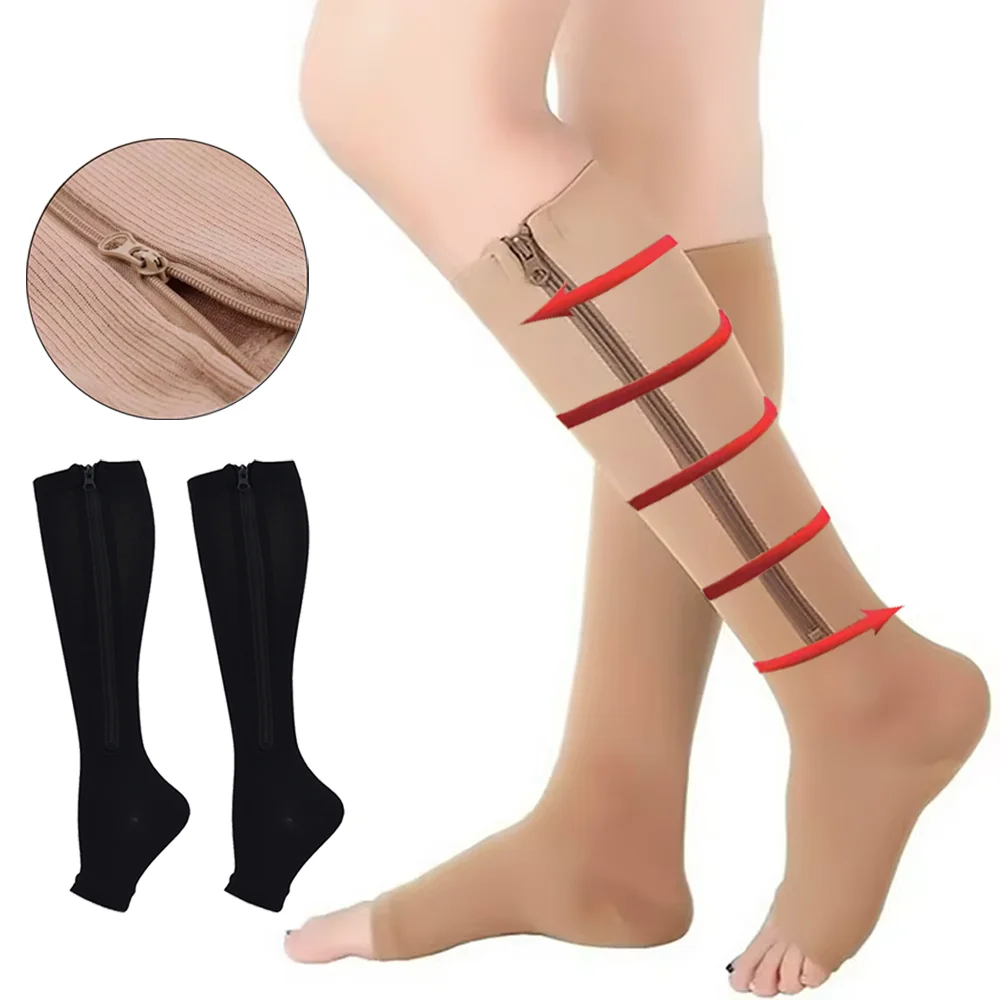 Zippered Compression Knee-High Pain Relief Socks - Unisex Open Toe Support Stockings