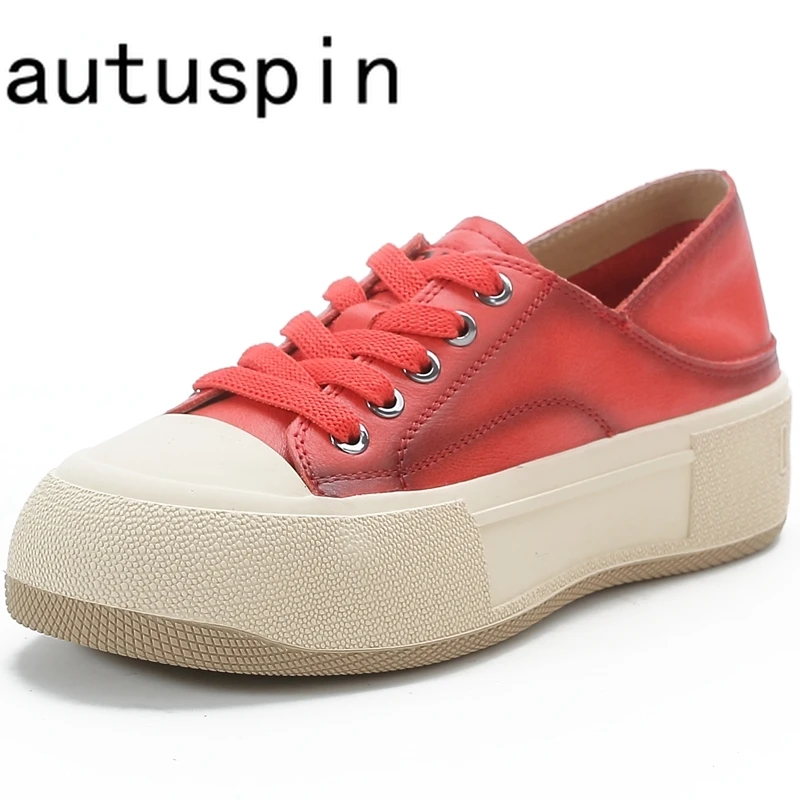 

AUTUSPIN Flat Skateboard Shoes for Women Four Season Handmade Genuine Leather Casual Shoes Female Retro Chunky Sneakers Woman