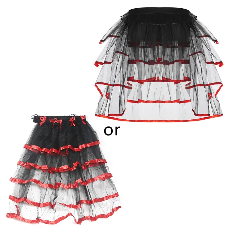 Womens Ballet Dance Tulle Tail Tutu Skirt Contrast Color Satin Trim Layered