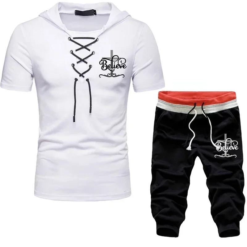 

2023 New Men's V-neck shirts SET T-SHIRT Summer Men Short-Sleeved hooded Tshirt Set Casual Male T-shirtViking Shirt Top