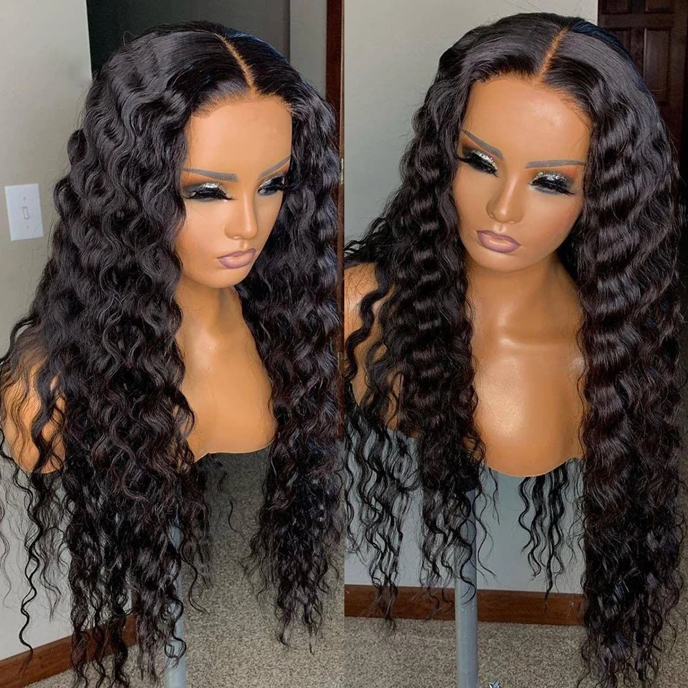 

Soft Natural Black Deep Wave Curly 26 Inches Long 180%Density Glueless 180% Density Lace Front Wig For Women With BabyHair Daily