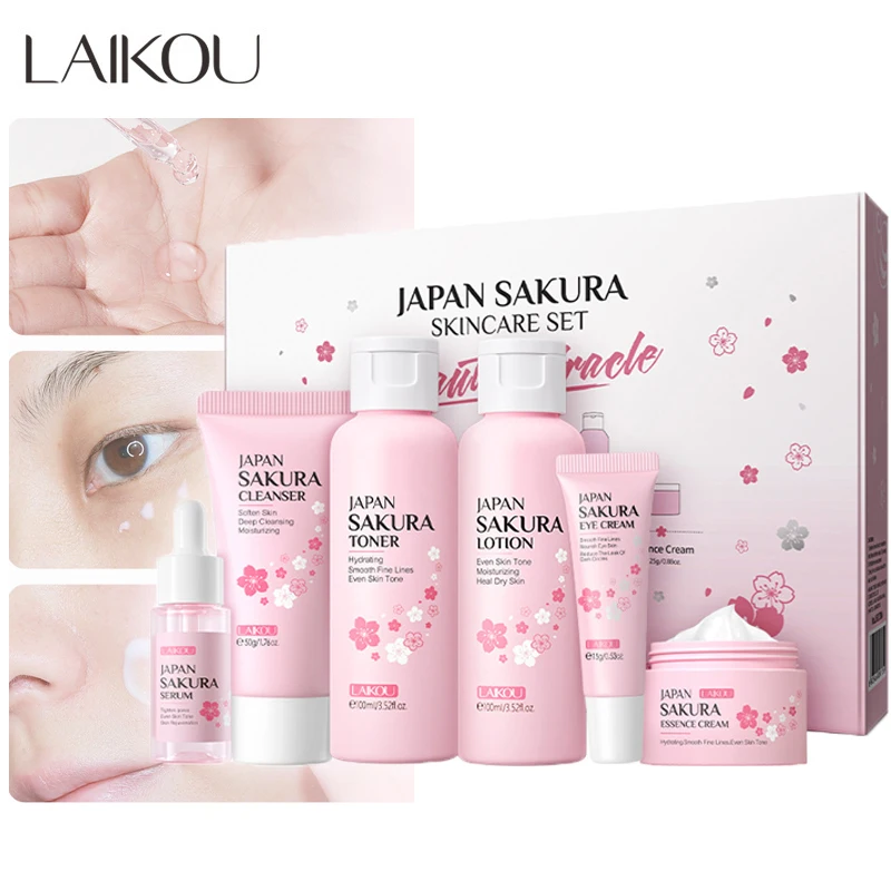 

Набор для ухода за кожей Sakura, очищающее средство для лица, увлажняющий крем для лица, Солнцезащитная питательная маска, тоник, крем для глаз, осветляющая сыворотка для лица