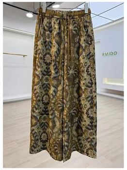 Retro Print Linen Casual Pants High Waist Wide Leg Elastic Waist Cool Feeling Long Summer Trousers for plus Size Women