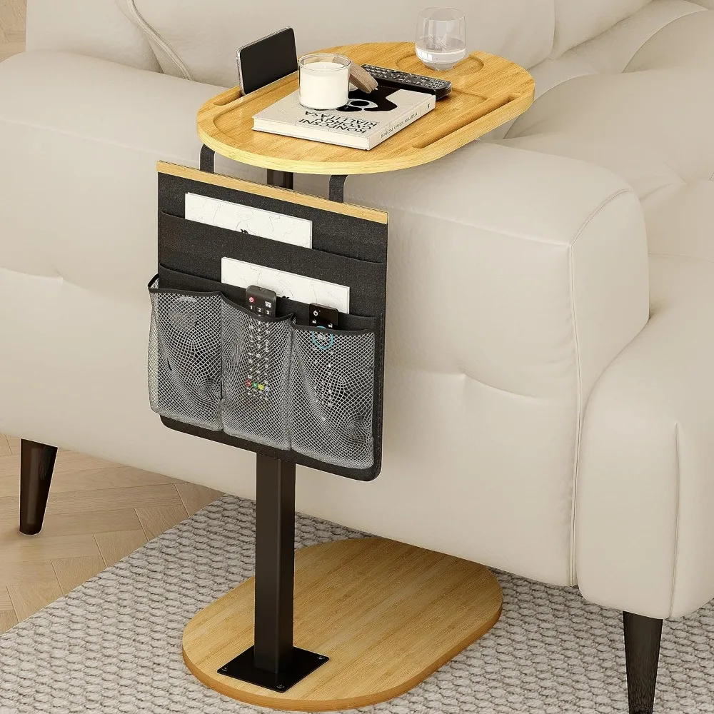 Yufoi Side Adjustable Heights, Bamboo Sofa With Storage Pocket, Liftable Couch Arm Tray Table