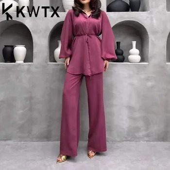 KWTX Designer Women's Two Piece Set Puff Sleeve Tie Waist Wide Leg Pants Casual Solid Color Luxury Outfit Spring Summer 2025